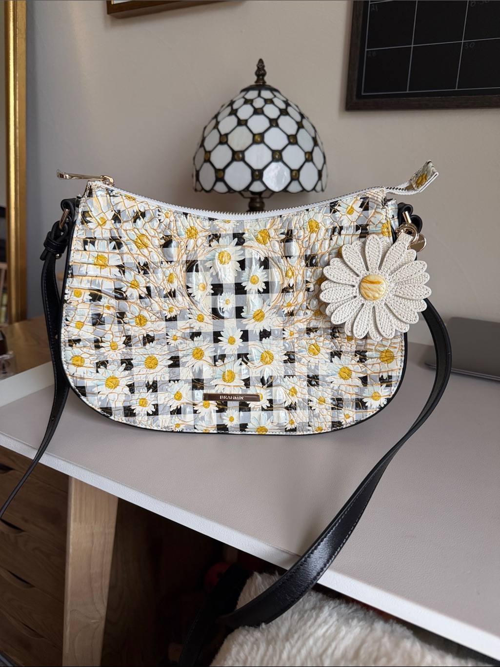 Brahmin White And Yellow Daisy-Print Shoulder Bag With Black Strap